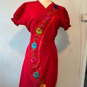 Vibrant Red Floral Dress with Embroidery